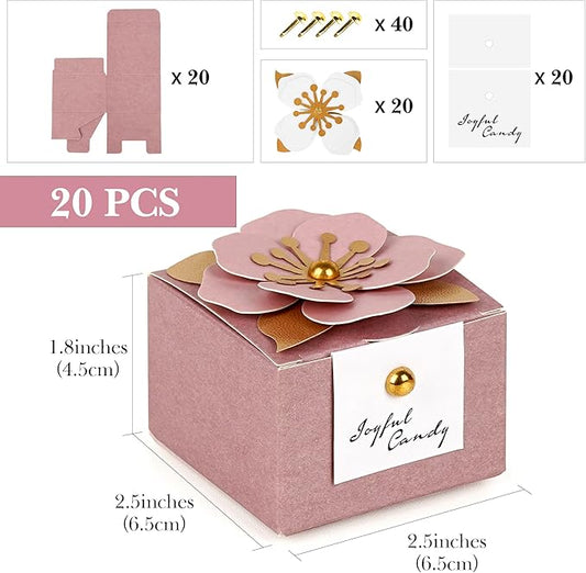 Linkidea 20 Pcs Pink Floral Folding Candy Gift Boxes 2.55" x 2.55" x 1.77" for Wedding Favors, Elegant Party Thank You Boxes with Tags