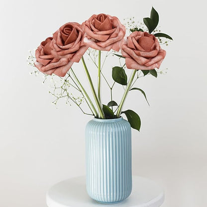 Artificial Flowers Warm Taupe Roses 50PCS Real Looking Foam Fake Roses with Leaves and for DIY Wedding Bouquets Bridal Shower Centerpieces Party Decorations (Warm Taupe)