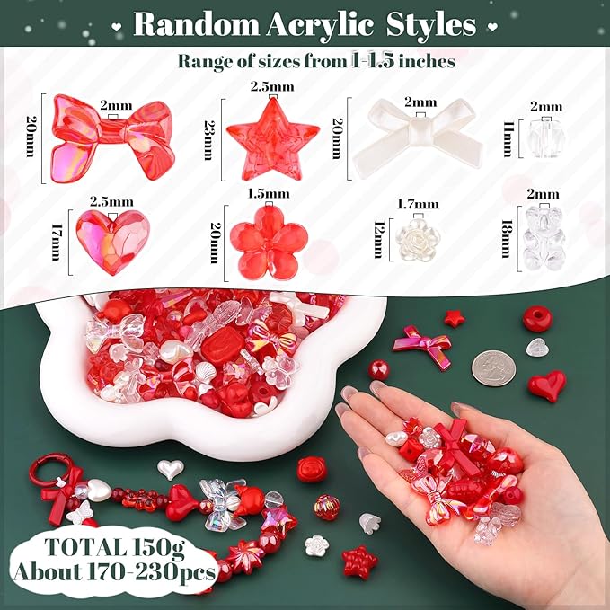 Assorted Acrylic Beads, 200-260PCS Red Cute Beads for Bracelet Making, GummyBear Bow Flower Candy Kawaii Charms for Jewelry Making DIY Necklace Keychain Phone Charm Christmas Gift