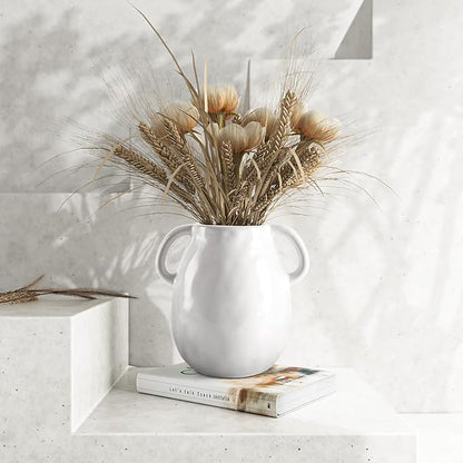 7 Inch Rustic White Ceramic Vase with Double Handles, Retro Farmhouse Glazed Clay Vases for Flowers, Decorative White Flower Vase for Bouquet, Home Décor, Table, Shelf, Kitchen, Living Room