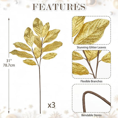 3 Pack Gold Glittered Artificial Leaf Spray Picks 31" Tall Magnolia Leaves Long Stems for Christmas Picks Winter Wedding Christmas Tree Garland Wreath DIY Bouquet Centerpiece Vase