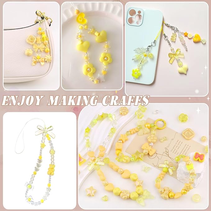 Assorted Acrylic Beads, 200-260PCS Yellow Cute Beads for Bracelet Making, GummyBear Bow Flower Candy Kawaii Charms for Jewelry Making DIY Necklace Keychain Phone Charm Christmas Gift