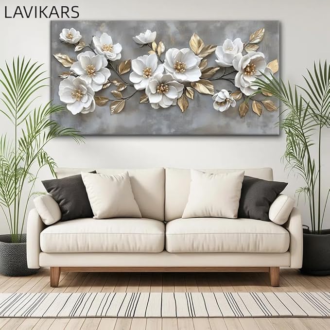 LAVIKARS Modern Gray Flowers Wall Art for Living Room Office White and Golden Floral Landscape Canvas Painting Prints Large Delicate Petals Artwork Kitchen Home Bedroom Decor (20x40 Inches)