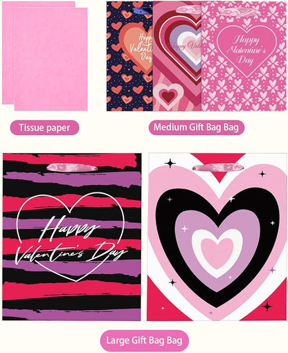 qiqee Valentine 5PCS Gift Bag with Tissue Paper Assorted Size Present Wrap Bags For Lover (3 PCS Medium Size+2 PCS Large Size)