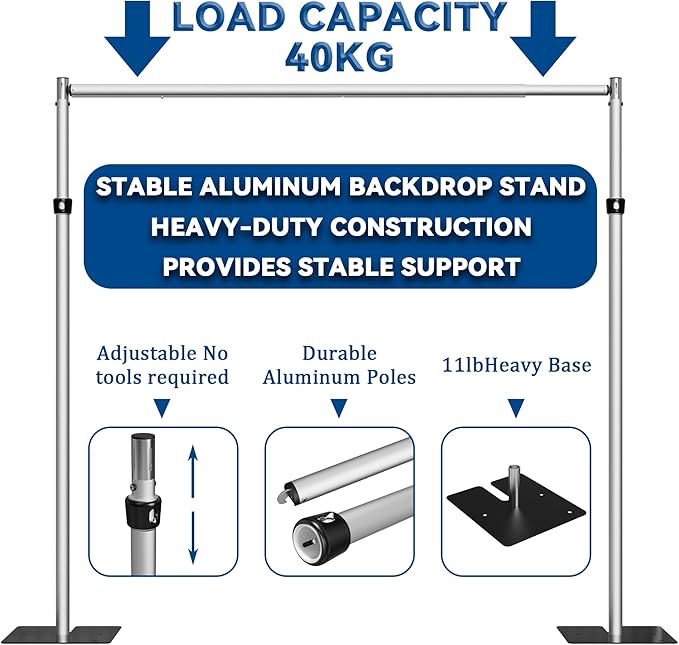 Adjustable Backdrop Stand Heavy Duty 5–8 ft (1.5–2.4 m), Aluminum Alloy + Iron, Stable & Assembly-Friendly Display Stand for Flower Wall, Photo Booth, Weddings & Events