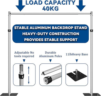 Adjustable Backdrop Stand Heavy Duty 5–8 ft (1.5–2.4 m), Aluminum Alloy + Iron, Stable & Assembly-Friendly Display Stand for Flower Wall, Photo Booth, Weddings & Events