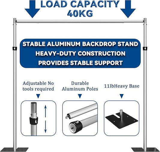 Adjustable Backdrop Stand Heavy Duty 5–8 ft (1.5–2.4 m), Aluminum Alloy + Iron, Stable & Assembly-Friendly Display Stand for Flower Wall, Photo Booth, Weddings & Events