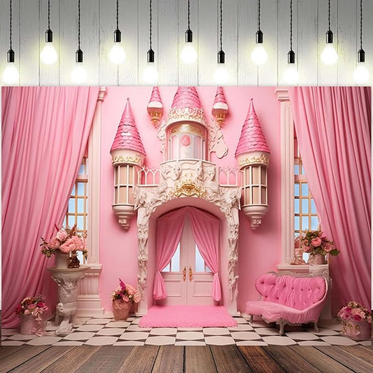 5x3ft Pink Princess Castle Backdrop Curtain Window Door Room Interior Background for Photography Sofa Flowers Vases Banner Decorations Girl Kids Birthday Baby Shower Party Photo Booth Props