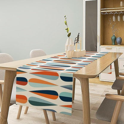 Mid Century Modern Table Runner Retro Blue Orange Grey Water Droplets Geometric Table Runner for Kitchen Dining Room Dining Table Decoration 13x60in