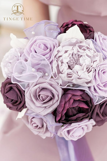 TINGE TIME 7 Inch Artificial Flowers Wedding Bouquets for Bridesmaid, Set of 4, Lavender Bride Tossing Bouquet for Wedding Ceremony Festivals Bridal Shower Rehearsal Dinner Vintage Party