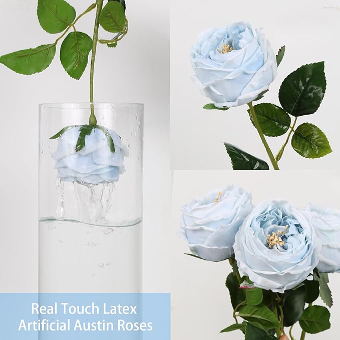 IPOPU Blue Roses Artificial Flowers 5PCS Real Touch Peonies Faux Austin Roses with Stems for Wedding Bouquet Party Home Decor (Blue)