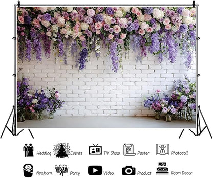 Baocicco Purple Floral Wall Backdrops 12x10ft Flowers White Brick Wall Backdrops for Photoshoot Valentine Day Decorations Anniversary Wedding Banner Supplies Birthday Baby Shower Photo Props