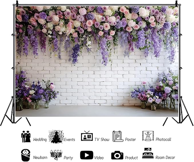 Baocicco Purple Floral Wall Backdrops 10x8ft Flowers White Brick Wall Backdrops for Photoshoot Valentine Day Decorations Anniversary Wedding Banner Supplies Birthday Baby Shower Photo Props