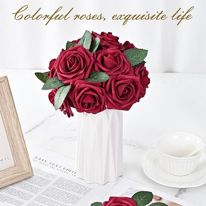 BLEUM CADE 36Pcs Artificial Flowers Fake Roses with Stems, Burgundy Boxed Foam Roses for DIY Bouquets Centerpieces Wedding Party Arrangement Bridal Shower Decor