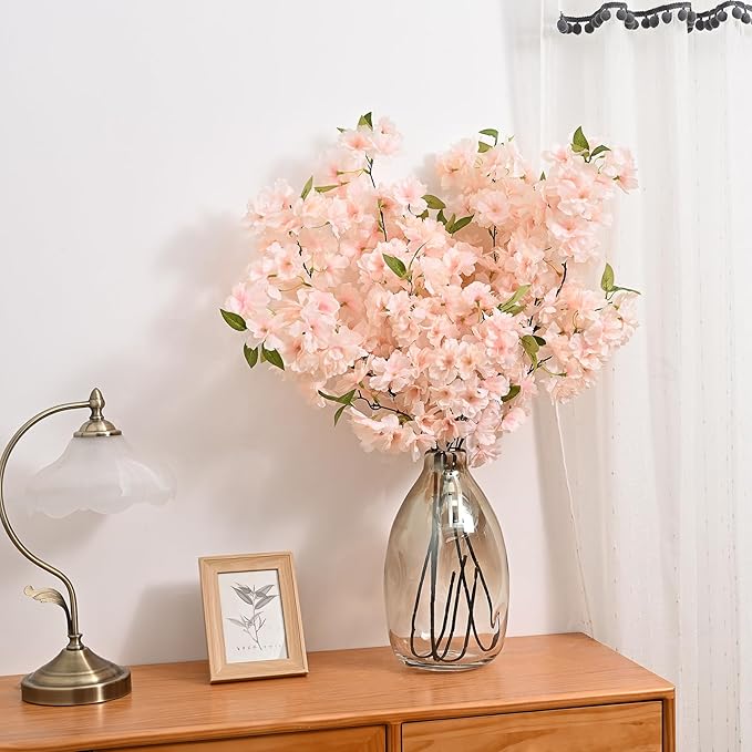 Sunm Boutique Champagne Faux Cherry Blossom Branches, Artificial Cherry Blossom Stems Cherry Blossom Flowers Vase Arrangements for Wedding Home Party Kitchen Decor, Set of 3