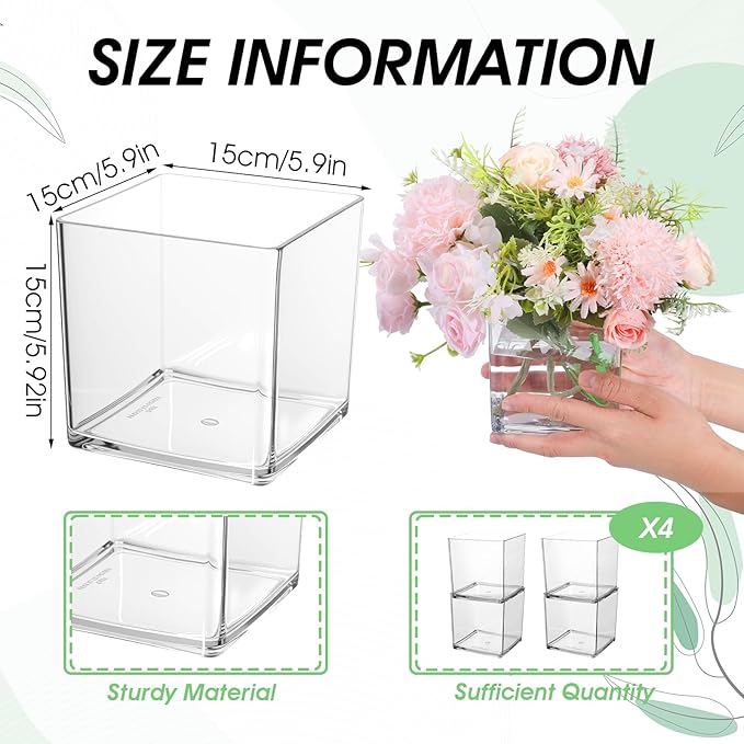 4Pcs Clear Acrylic Flower Vase 6 x 6 x 6Inch Square Flower Vase Clear Cube Flowers Vases for Wedding Centerpieces, Party, Home Office Decoration