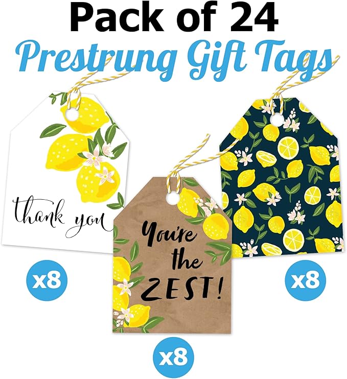 Pro Supply Global 24 Count of 2.5 Inch x 3 Inch Pre Strung Lemons Gift Tag Assorted Printed Designs on Large Cardstock Gift Hang Tags - Ideal to Use on Bags