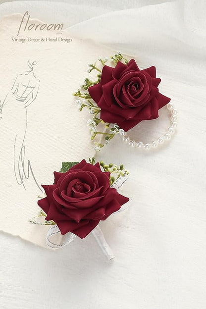 Floroom Burgundy Rose Wrist Corsage Wristlet Band Bracelet and Men Boutonniere Set for Red Wedding Flower Accessories Prom Suit Decorations