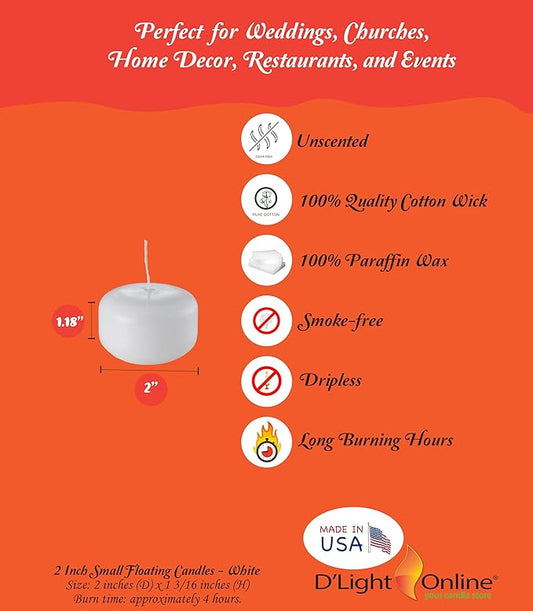 D'light Online Small 2 Inch Floating Candles Bulk Pack for Events, for Centerpieces, Weddings, Spa, Home Decor, Special Occasions and Holiday Decorations (Small - 2" - Set of 144, White)