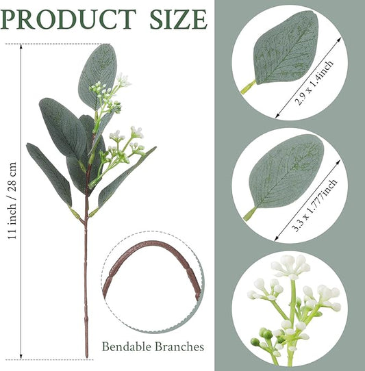 Janinka 20 Pcs Mixed Eucalyptus Leaves Stems Bulk Artificial Eucalyptus Leaves with White Seeds Artificial Silver Dollar Sprays Faux Oval for Floral Wreath Bouquets Wedding Greenery Decoration