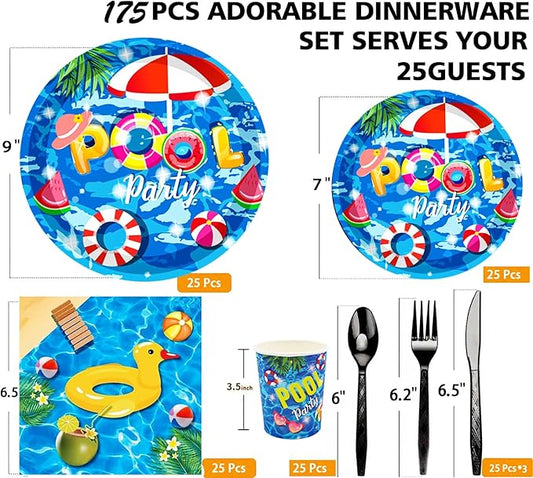 175Pcs Pool Party Supplies Beach Ball Party Set 9"Pool Party Plates 7"Beach Dessert Plate Napkins Cup Knive Fork Spoon for luau Ball Water Tube Picnic PoolBirthday Party Decor Serve25