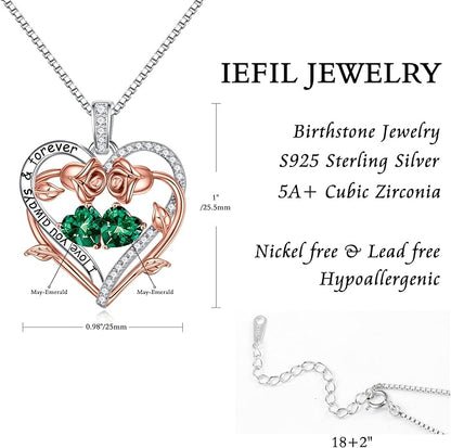 Iefil Rose Heart Double Birthstone Necklace Gifts for Wife Her Mom Women, Birthstone Jewelry Gemstone Birthday Gifts for Girlfriend Grandma Her Wife Women