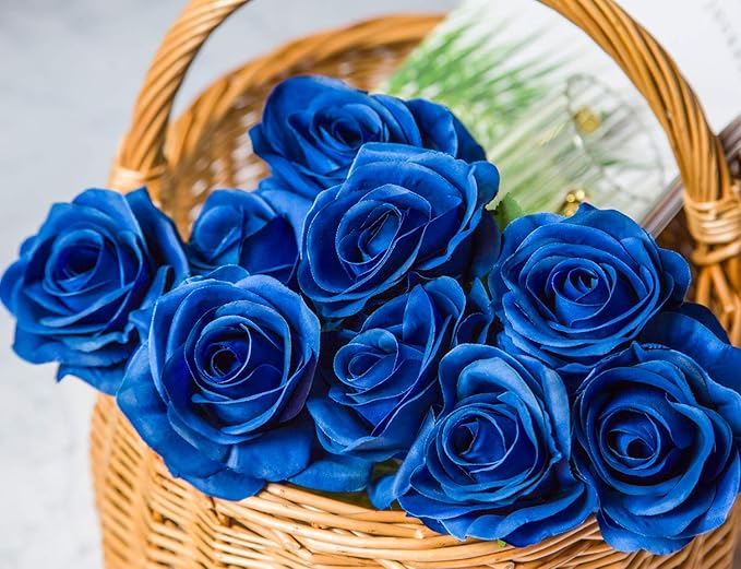 DuHouse 10pcs Fake Roses Artificial Silk Flowers Faux Rose Flower Long Stems Bouquet for Arrangement Wedding Centerpiece Party Home Kitchen Decor (Royal Blue)