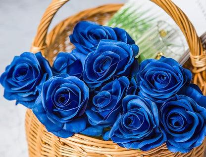 DuHouse 10pcs Fake Roses Artificial Silk Flowers Faux Rose Flower Long Stems Bouquet for Arrangement Wedding Centerpiece Party Home Kitchen Decor (Royal Blue)