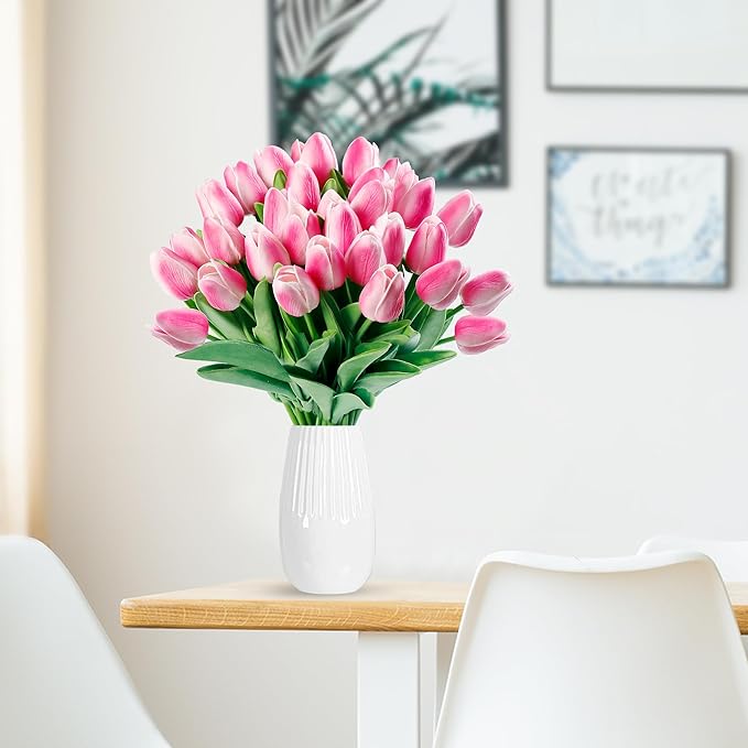 Sggvecsy 30 Pcs Fake Tulips Artificial Flowers Real Touch PU Faux Flowers Tulip Stems for Wedding Spring Bouquet Floral Arrangement Home Party Office Decorations for Mother's Day (Rose Pink)