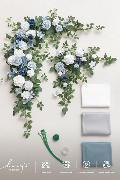 Ling's moment Artificial Wedding Arch Flowers with Drapes Kit-Pack of 5, 2pcs Flower Arrangements 3pcs Hanging Sheer Drapes Sage Ceremony Arbor Backdrop Rose Floral Decorations, Dusty Blue
