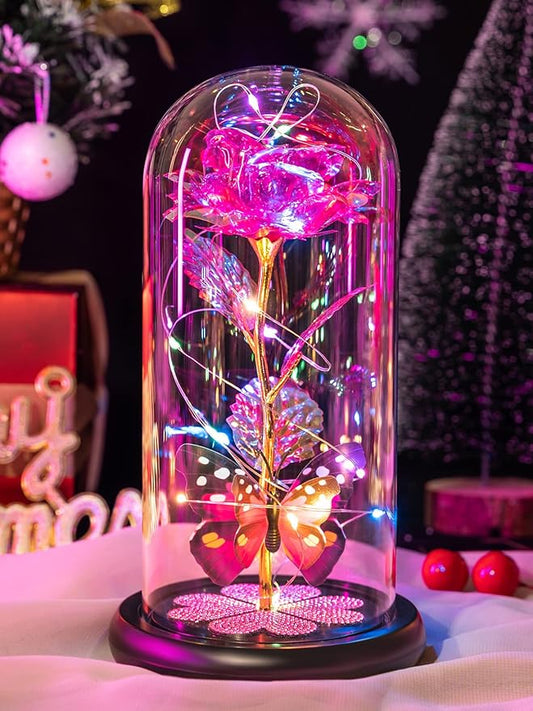 Pusuny Christmas Rose Gifts for Women Birthday Gift Galaxy Glass Rose Forever Eternal Crystal Flower Light Up Roses in Glass Dome with Butterfly Xmas Gifts for Women Mom Grandma Wife Her Sister Pink