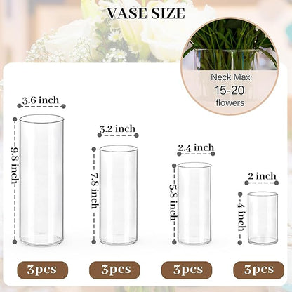 12 PCS Clear Cylinder Vases for Centerpieces | 4, 6, 8,10 Inch Tall Flower Vase for Wedding Decorations, Clear Floating Candle Vases in Bulk, Hurricane Candle Holders for Table, Home Décor