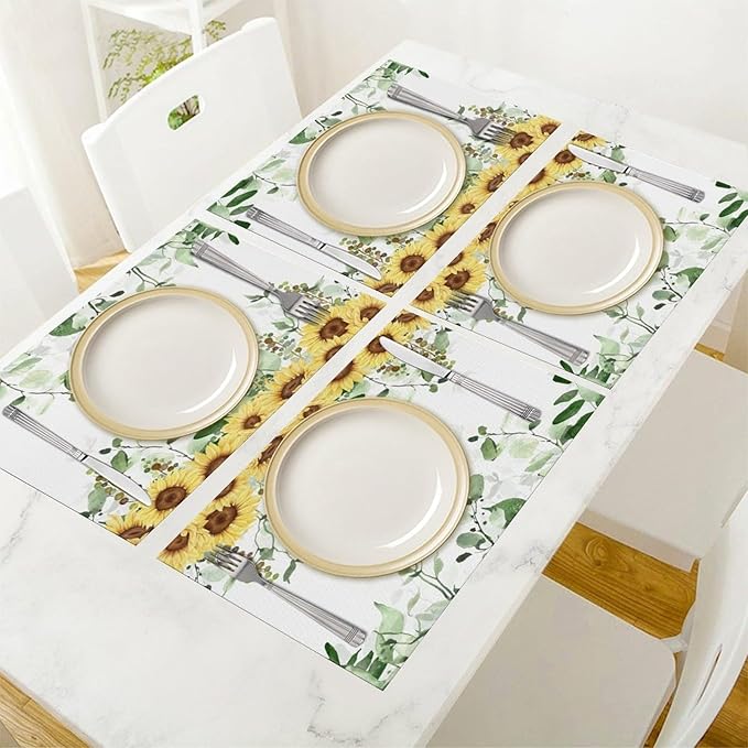 Sunflower Placemats Set of 4,Spring Summer Yellow Floral Flowers Rustic Vintage Dining Table Place Mats, Kitchen Decor Home Decoration 4 PCS, Style-13