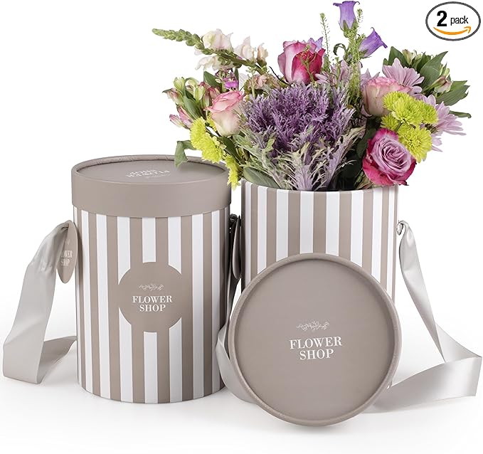 Striped Flower Hat Box 2 Pack | Round Flower Boxes for Arrangements | Satin Ribbon Handle & Waterproof Liner | Gift Box for Flowers with Lids