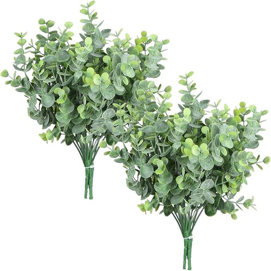 Rinlong 6Pcs Eucalyptus Artificial Greenery Fake Dusty Frosted Eucalyptus Stems Branches for Bouquet Filler Farmhouse Kitchen Hanging Planter Table Decor