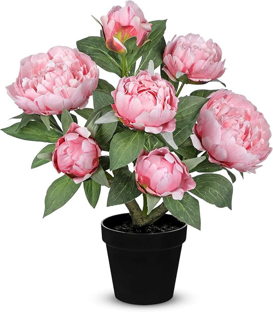 Hollyone Pink Fake Peonies Artificial Flowers in Pot 16.9" Small Peonies Tree Indoor Outdoor Faux Plants & Flowers Peony Silk Flowers Potted Plant Artificial Peony Floral Arrangement Desk Home Decor