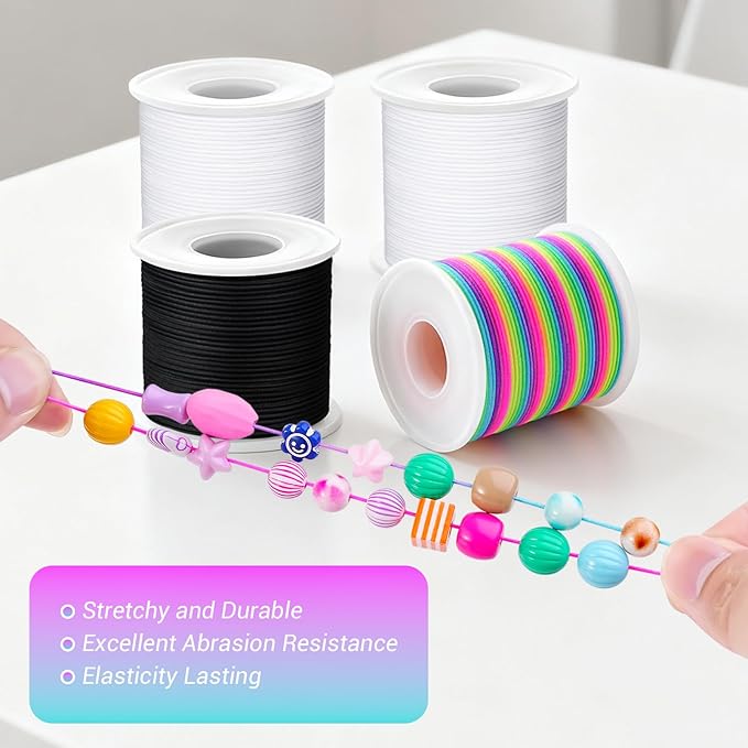 Stretchy Bracelet String Kit with Scissors & Beading Needle, 4 Rolls Elastic String for DIY Crafts, 1mm Stretchy Cord for Jewelry Making Sewing Necklace Beading, 660FT, (Black, White, Rainbow)