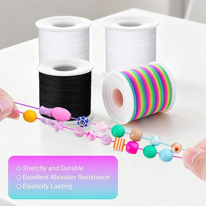 Stretchy Bracelet String Kit with Scissors & Beading Needle, 4 Rolls Elastic String for DIY Crafts, 1mm Stretchy Cord for Jewelry Making Sewing Necklace Beading, 660FT, (Black, White, Rainbow)