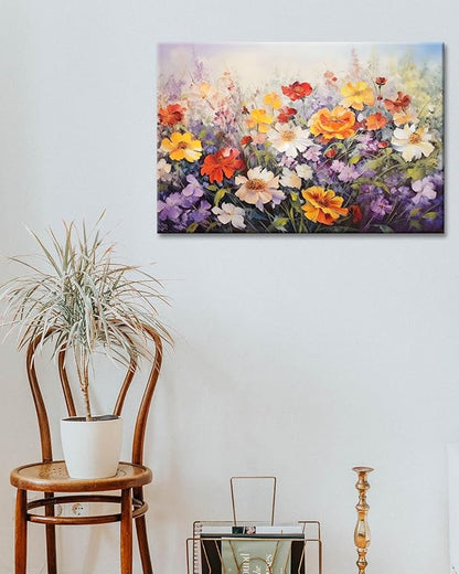 GLOKAKA Flowers Wall Art Colorful Landscape Lush Wildflowers Painting Print on Canvas Purple Yellow Floral Daisy Flower Picture for Home Bedroom Office Decor (Lush Flowers, 24"x16")