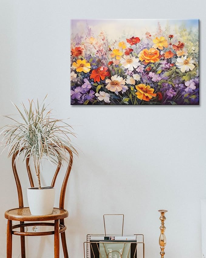 GLOKAKA Flowers Wall Art Colorful Landscape Lush Wildflowers Painting Print on Canvas Purple Yellow Floral Daisy Flower Picture for Home Bedroom Office Decor (Lush Flowers, 30"x20")