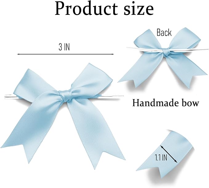 50 Counts Blue Twist Tie Bows 3.1" Pre-Tied Satin Ribbon Bow Decor Mini Twist Tie Bows for Gift Wrapping Treat Bags Cake Bridal Baby Shower Birthday Party Favors Wedding Decorations