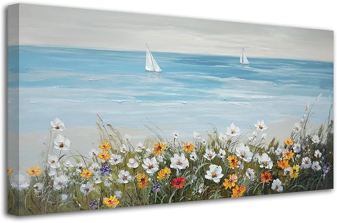 Ardemy Daisy Large Wall Art for Living Room, Floral Canvas Wall Art Ocean Flower Pictures Paintings Wall Decor Living Room Wildflower Artwork Dining Room Home Office Kitchen, 48"x24"