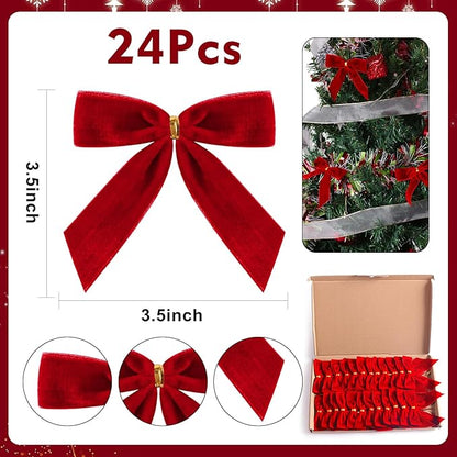 24 Pcs Red Small Velvet Christmas Bows for Christmas Tree, Wreath, Gift Wrapping, Crafts, Wedding, Party, Twist Tie Bows for Treat Bag Bakery Candy Bags, Home Decor 1" W,3.5 x 3.5 inch