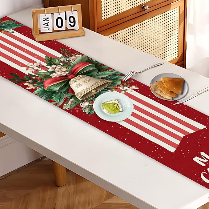 Christmas Table Runner– Elegant Merry Christmas Design with Golden Bell, Greenery & Red Bow, Festive Holiday Table Decoration for Dining Table, Kitchen & Home Décor