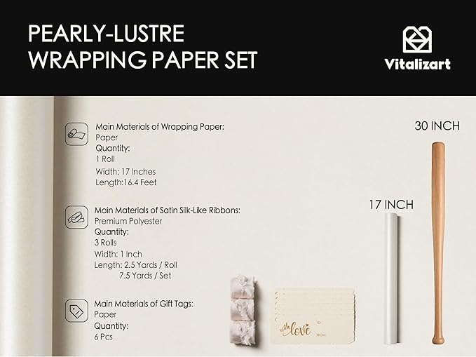 Vitalizart White Wrapping Paper Set 17" Pearly-Lustre With Silk Like Satin Ribbon & Gift Tags Recyclable Christmas Gift Wrapping Birthday Baby Shower Wedding Handmade Crafts 197"(16.4 Ft)