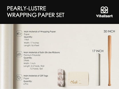 Vitalizart White Wrapping Paper Set 17" Pearly-Lustre With Silk Like Satin Ribbon & Gift Tags Recyclable Christmas Gift Wrapping Birthday Baby Shower Wedding Handmade Crafts 197"(16.4 Ft)