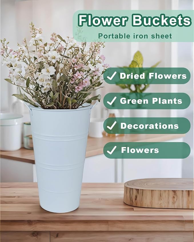 12 Inch Galvanized Metal Vases for Flowers - 2 Pcs Farmhouse Decorative Tall Flower Bucket with Handles, Rustic French Tin Planter Buckets for Wedding Decor (Pure White)