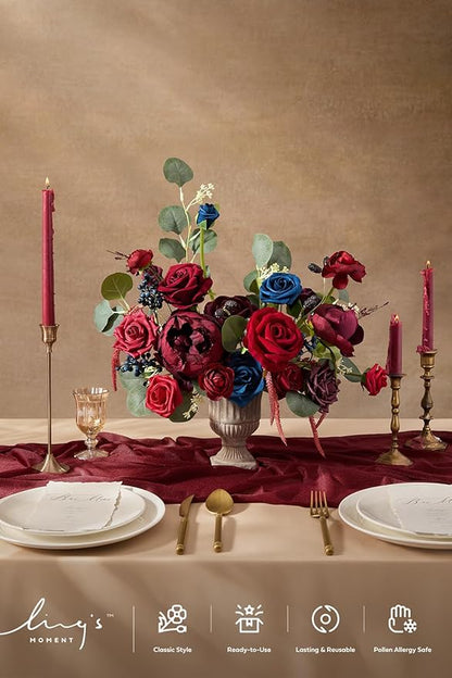 Ling's Moment Burgundy Flowers Artificial, Navy Blue Fake Flowers, Red Flowers and Greenery Combo for DIY Wedding Bridal Bouquet, Centerpieces, Home Decor, Floral Arrangement Decor, etc.