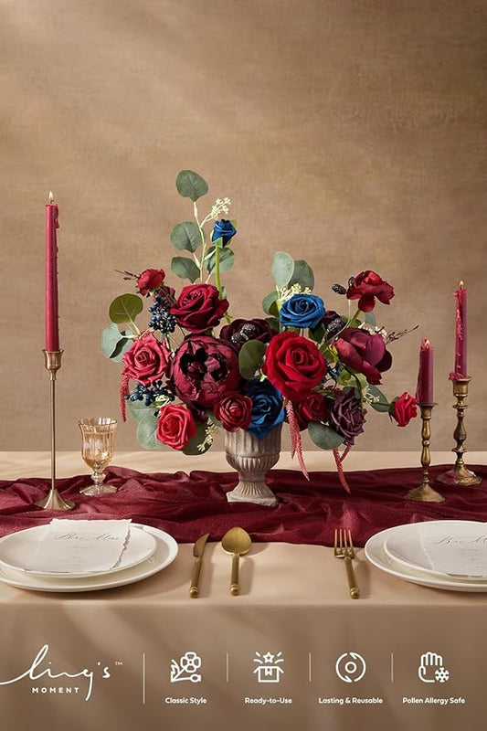 Ling's Moment Burgundy Flowers Artificial, Navy Blue Fake Flowers, Red Flowers and Greenery Combo for DIY Wedding Bridal Bouquet, Centerpieces, Home Decor, Floral Arrangement Decor, etc.
