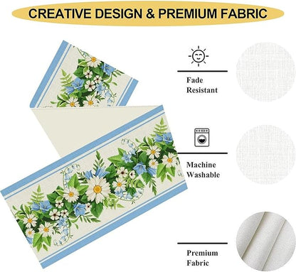 Wild Flower Table Runner, Vintage Seasonal Spring Daisy Flower Rustic Blue Farmhouse Table Center Decor for Family Kitchen Farmhouse Holiday Party Table Decorations Indoor Outdoor 13x90 inch